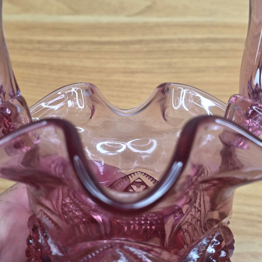 Fenton Dusty Rose Pink Button and Arches Glass Basket Twisted Handle Vintage MCM - Picture 10 of 11